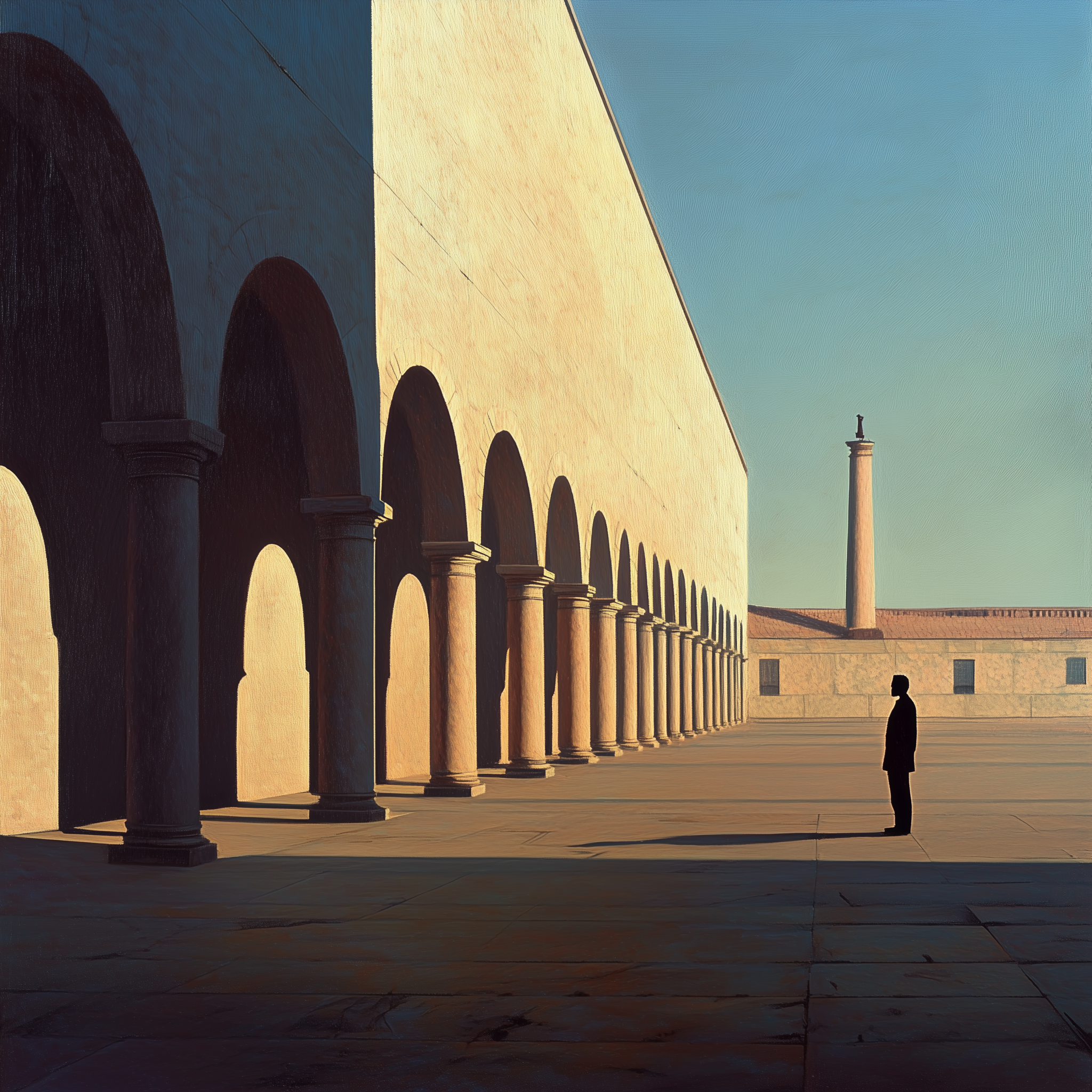 Sunlit colonnade with repeating arches; a solitary figure faces the open courtyard while noon light cuts sharp shadows across the stone.