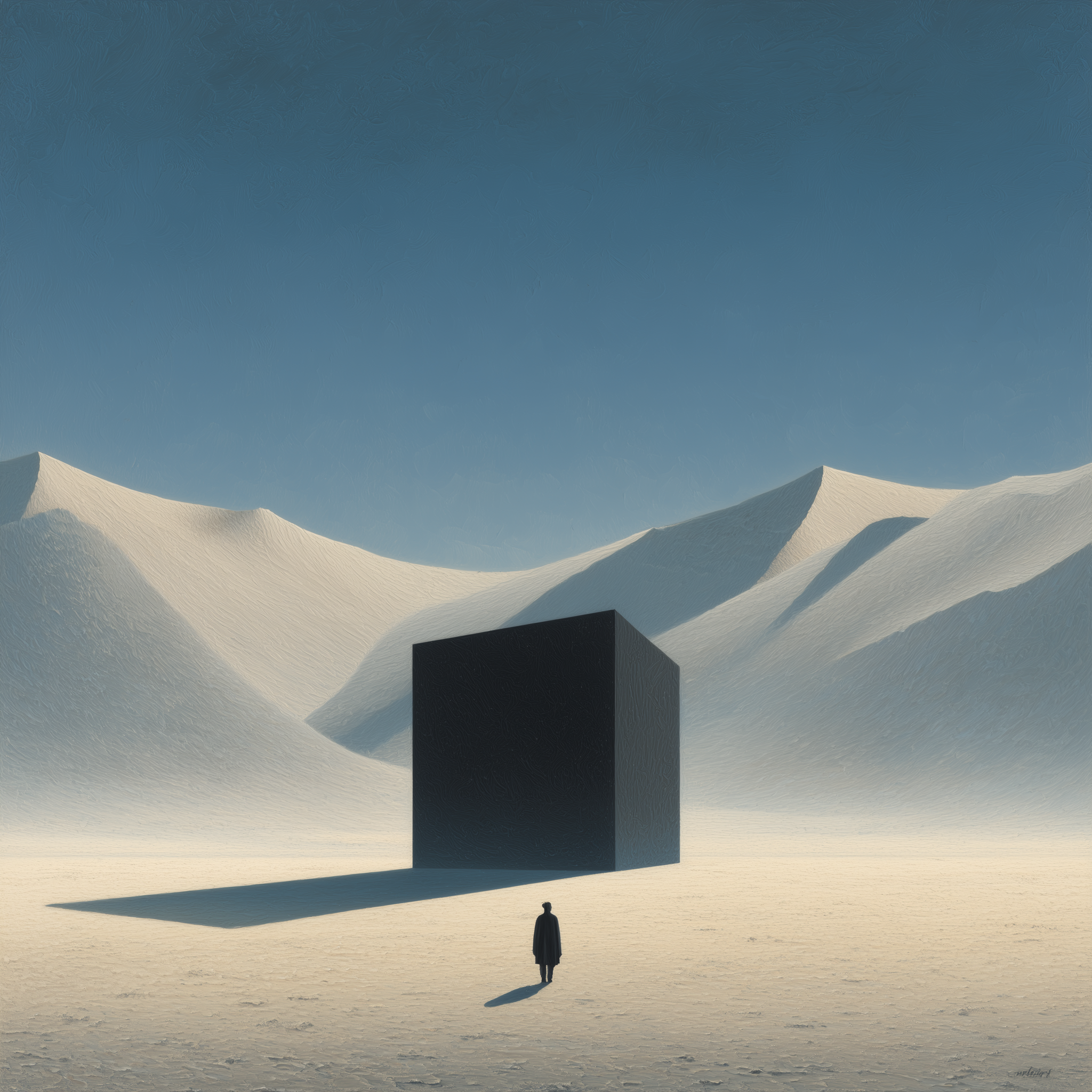 Black cube standing in a white, snowy desert of soft dunes; long shadow stretching toward a lone figure beneath a clear blue sky.