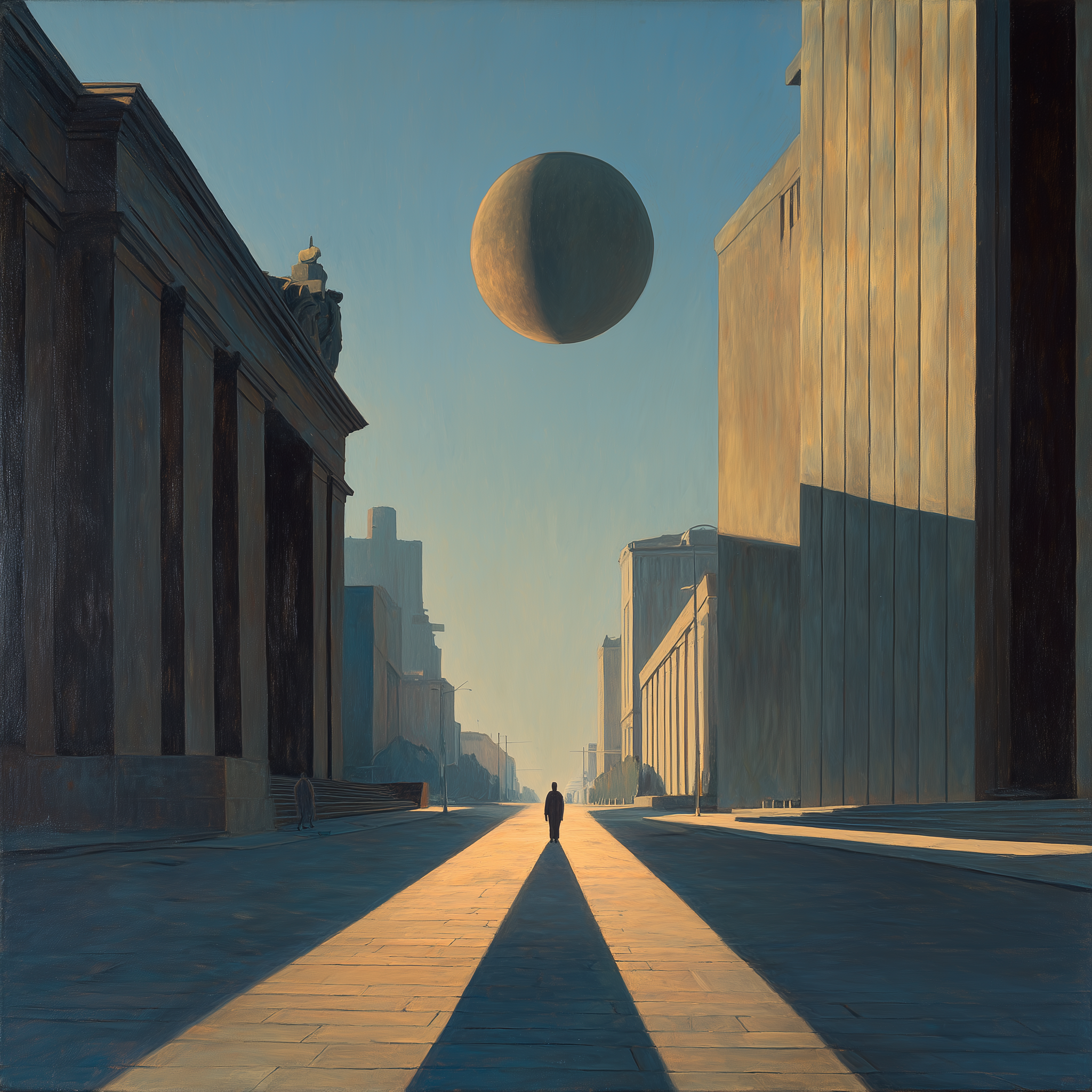 Empty avenue between classical and modern façades; a large sphere hangs low in the blue daylight while a distant figure walks through long shadows.