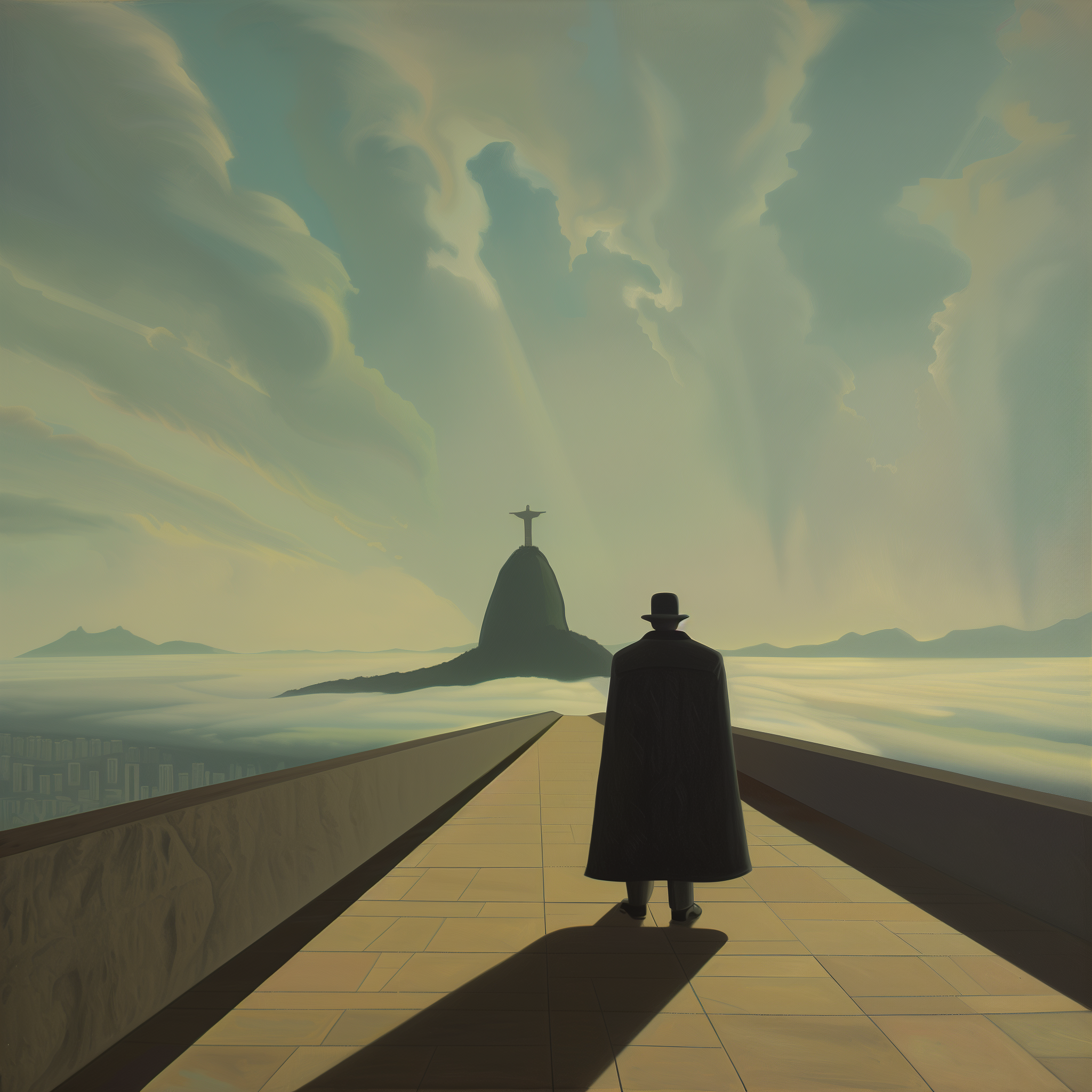 Metaphysical scene: a solitary man in a black coat and bowler faces Christ the Redeemer above low clouds at dusk.