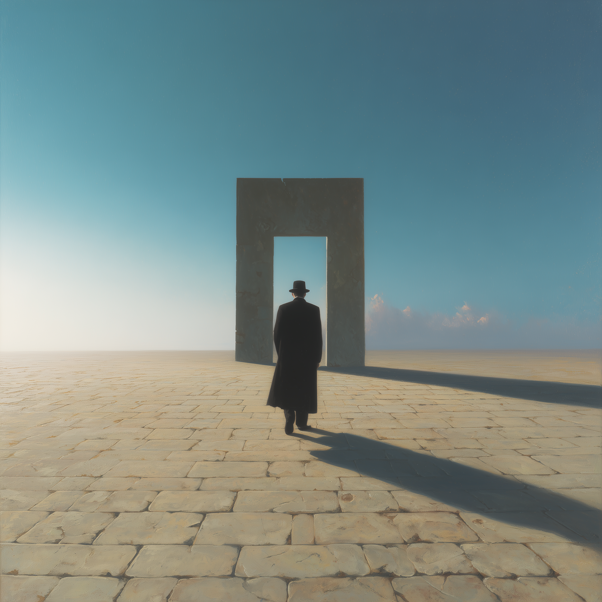 Solitary figure walking toward a freestanding rectilinear gate in an empty stone plain under a vast blue sky; long shadow.