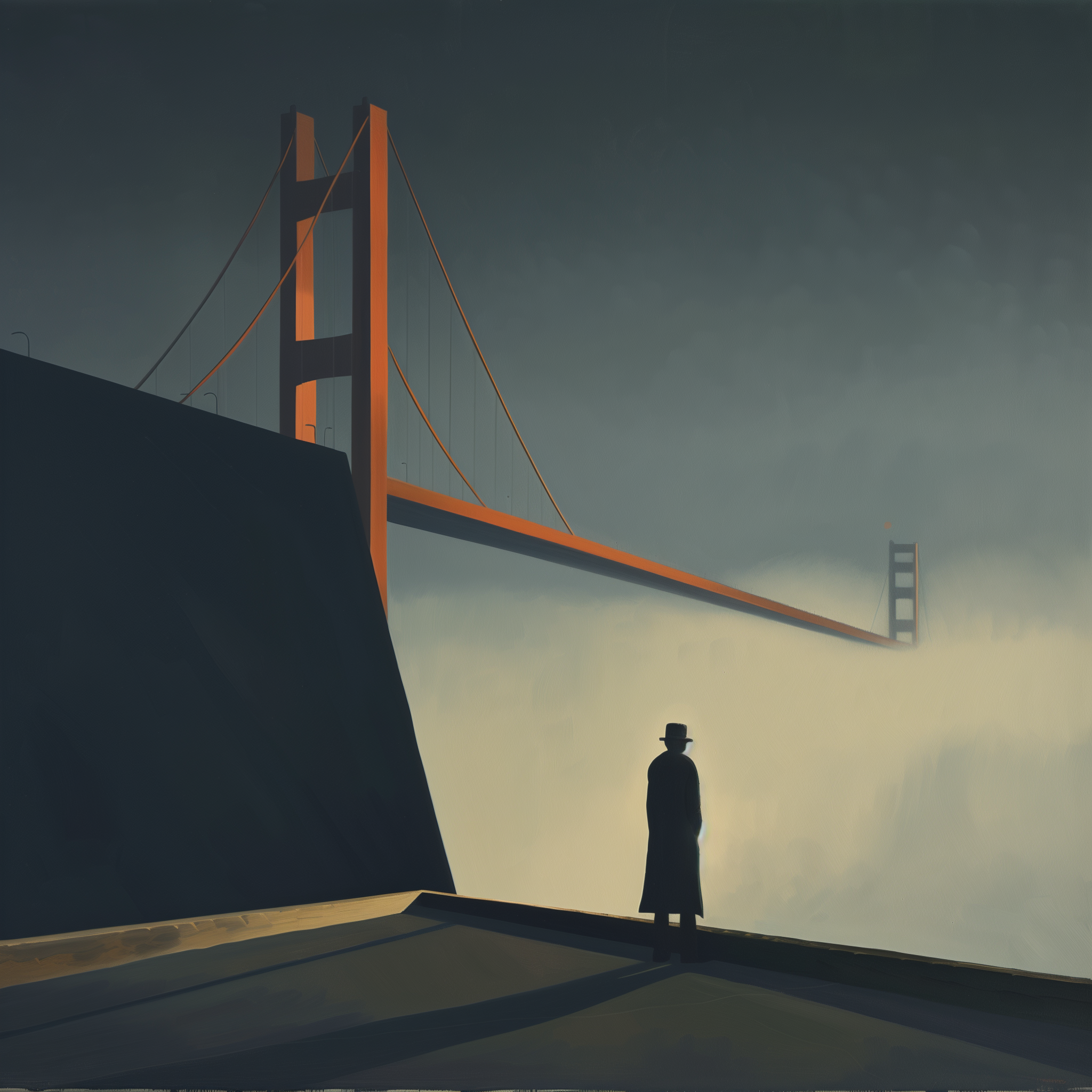 Silhouette before the Golden Gate Bridge emerging from fog; orange span cuts across a muted sky, foreground in shadow.