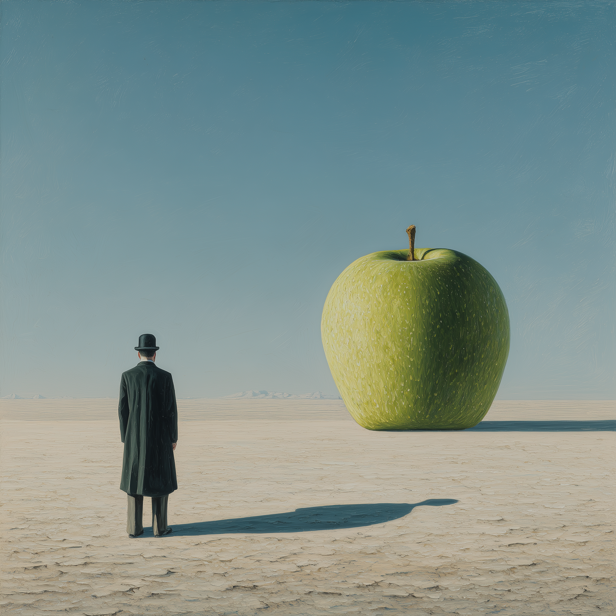 Lone figure in a dry plain facing an enormous green apple under a clear sky; long shadow stretching toward the fruit.