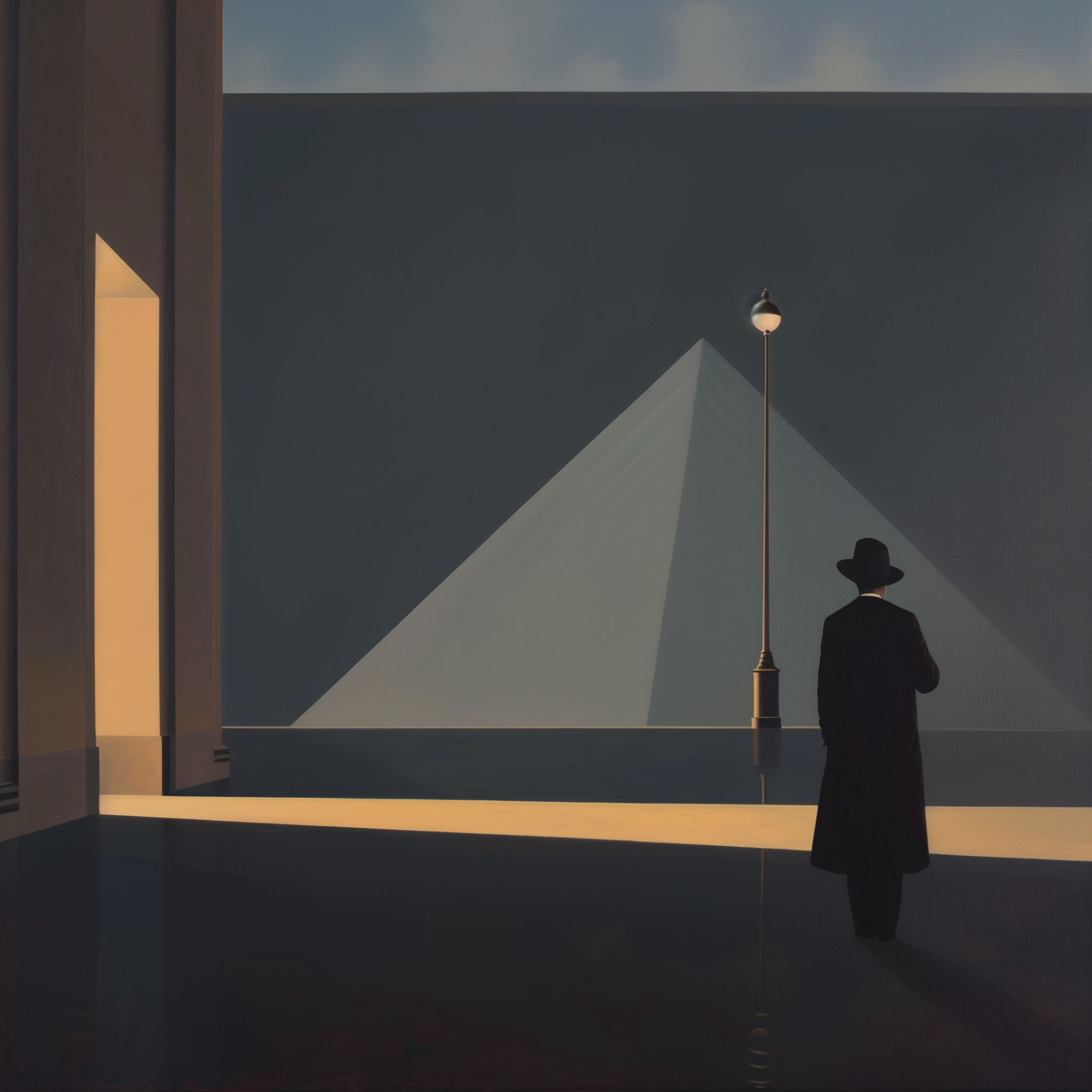 Metaphysical courtyard: lamppost and triangular light on a dark wall; a lone figure in black observes at nightfall, reflective ground.
