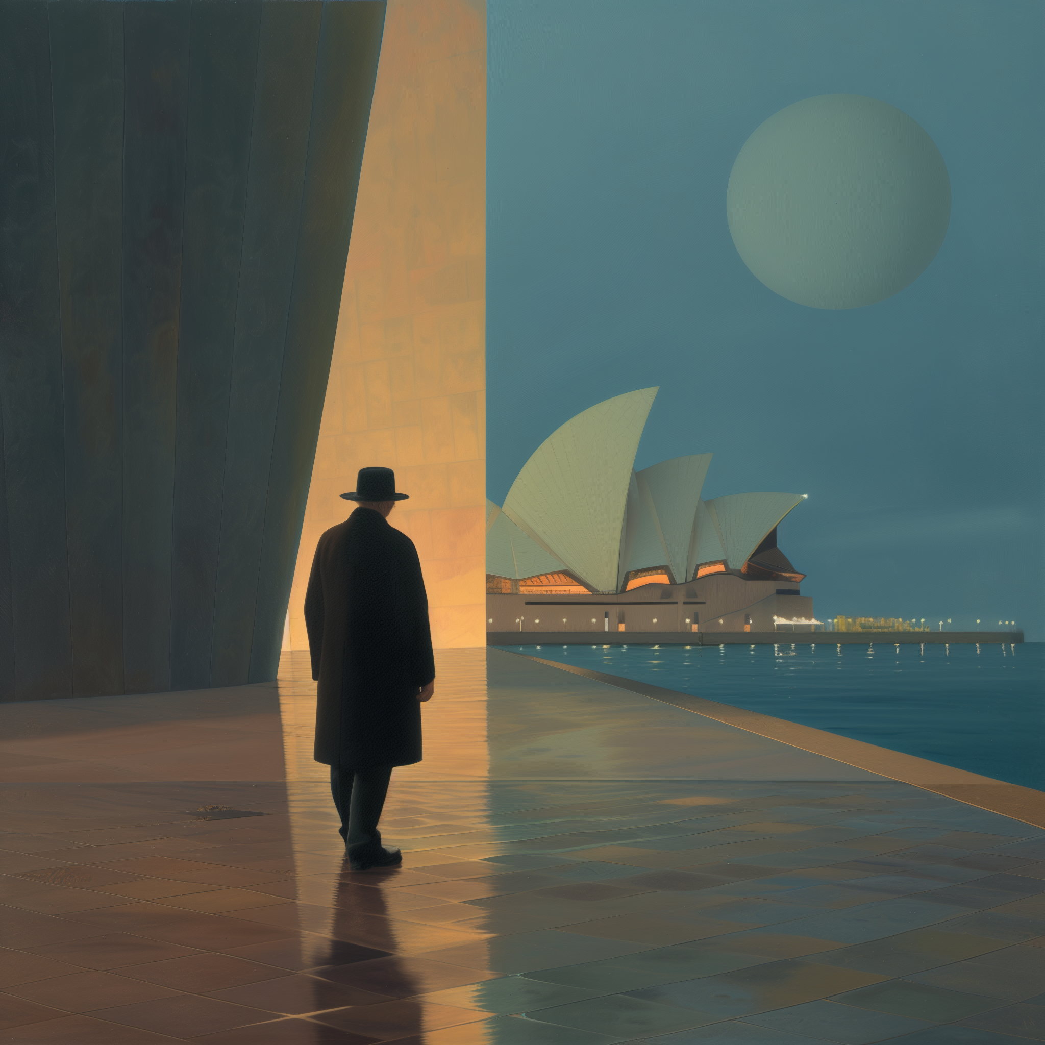 Lone figure by a waterfront wall at dusk; Sydney Opera House sails glowing across the bay, large moonlike disc in the sky.