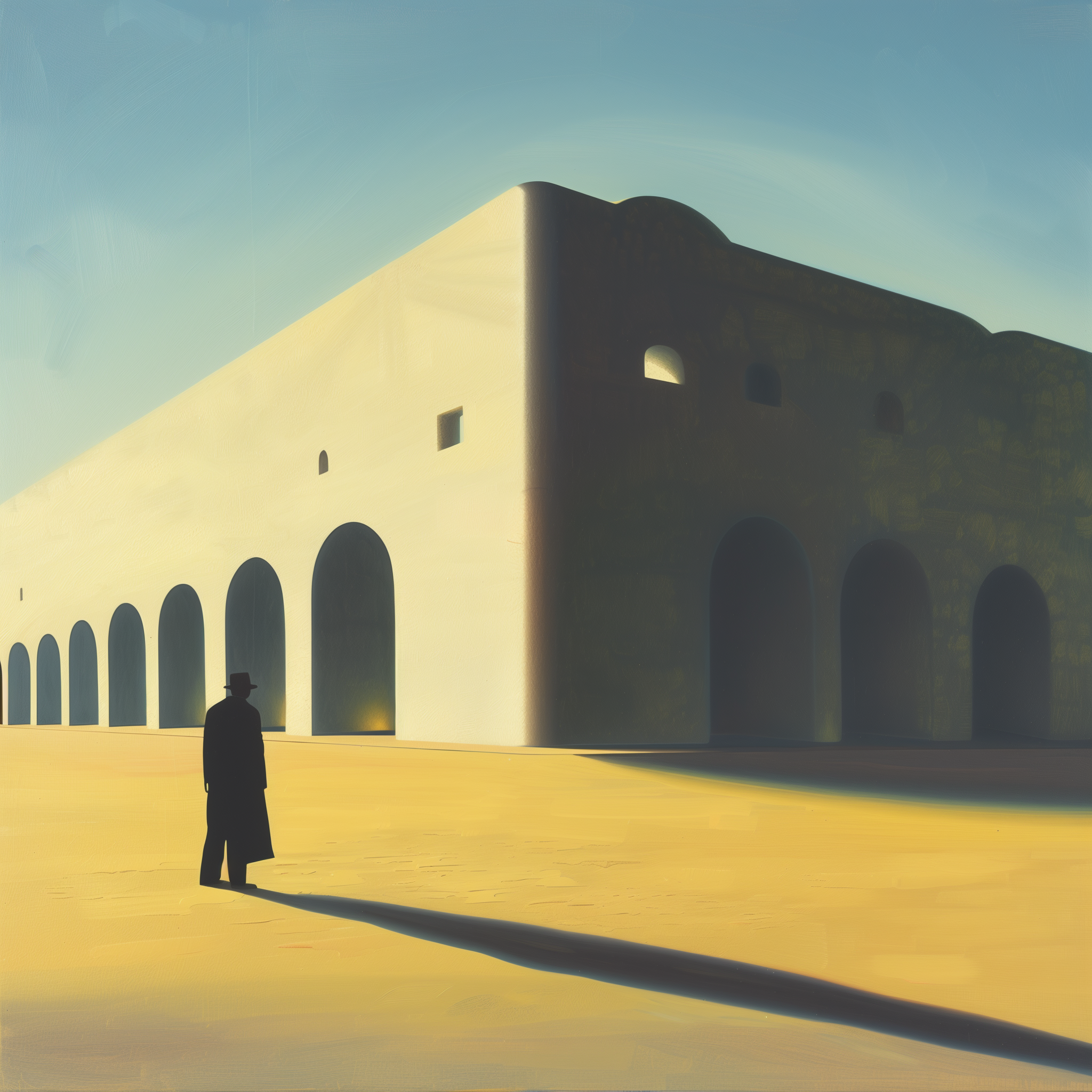 Solitary man in black coat facing a sunlit arcade reminiscent of the Roman Colosseum; long shadow across a golden square, clear sky.