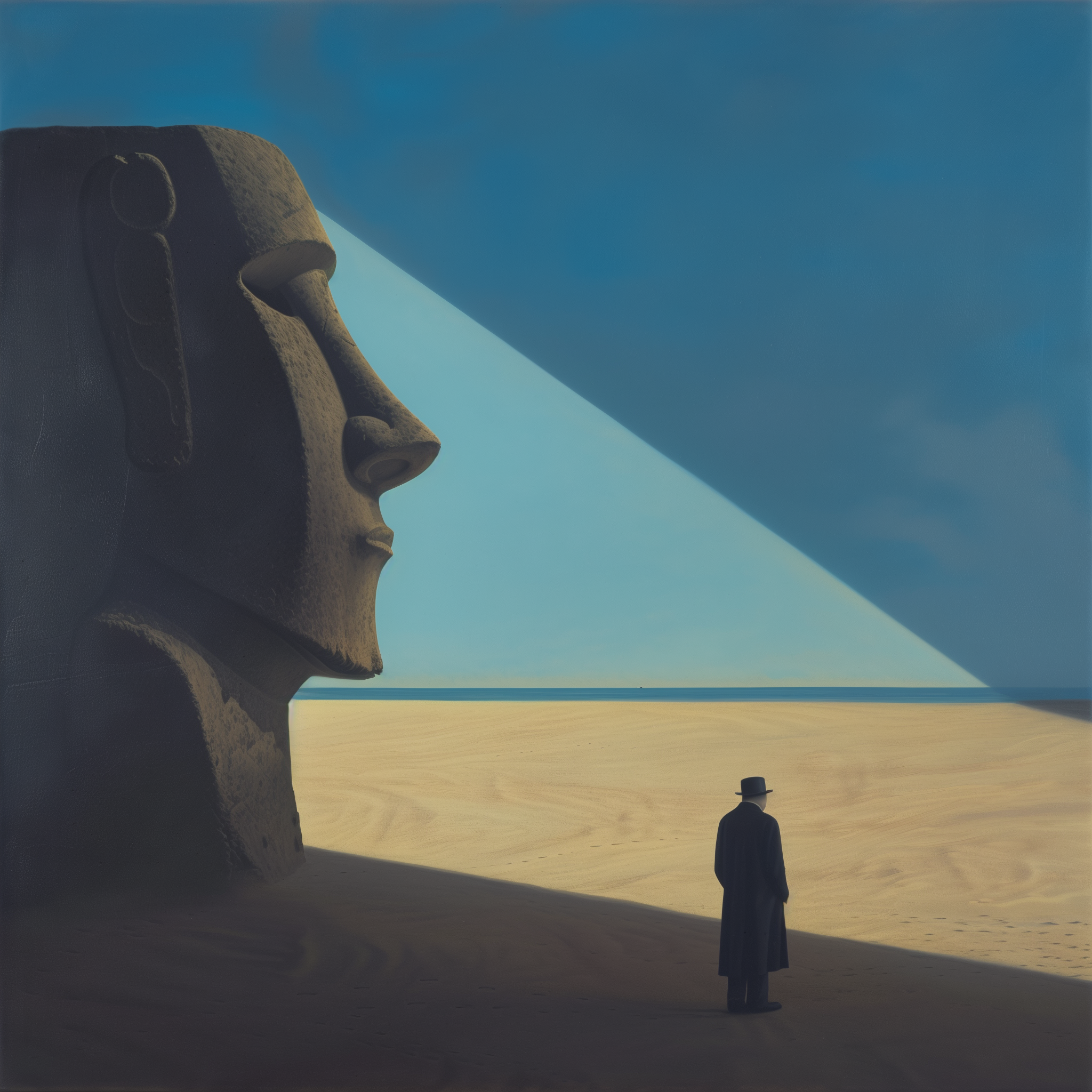 Moai profile casting a vast triangular shadow across a beach plain; a solitary man in a black coat stands near the shoreline under a deep blue sky.