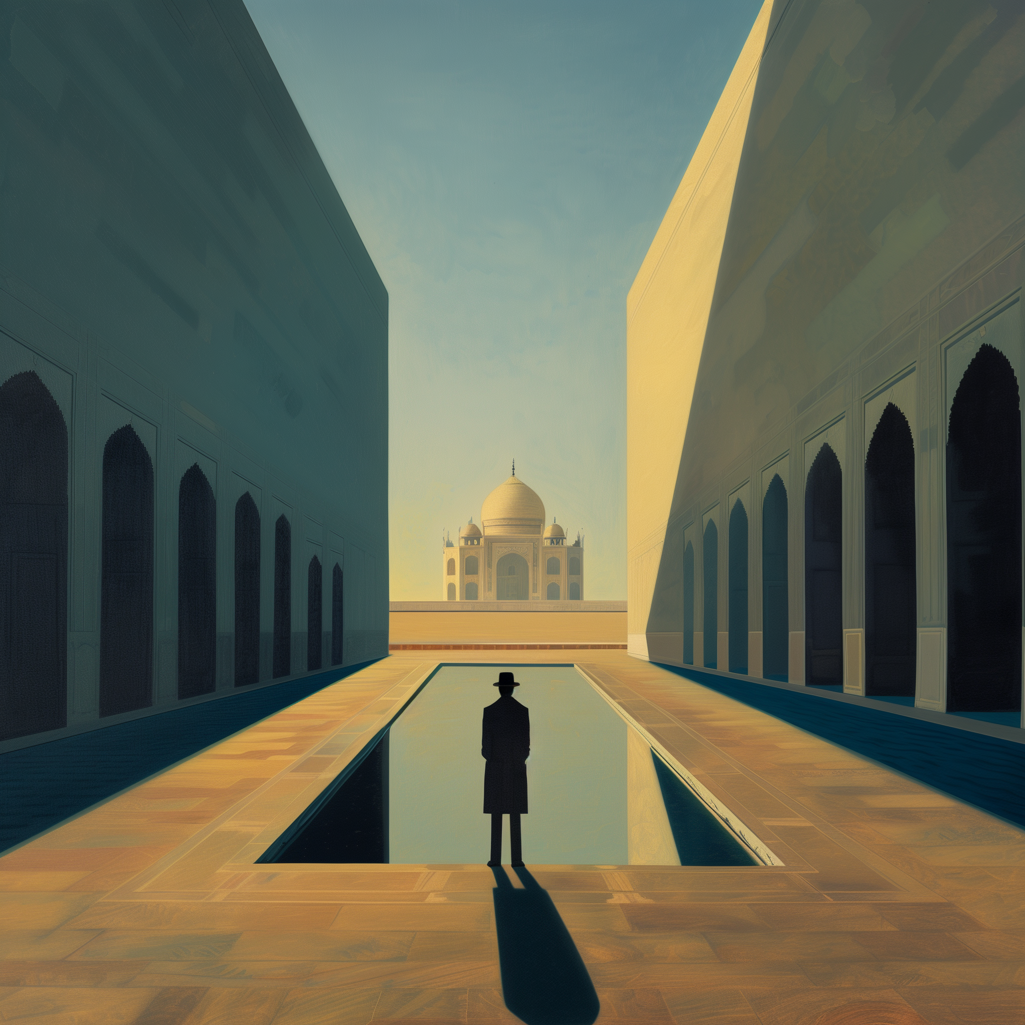 Figure reflected in a long pool facing the Taj Mahal framed by colonnades; morning light and sharp architectural shadows.