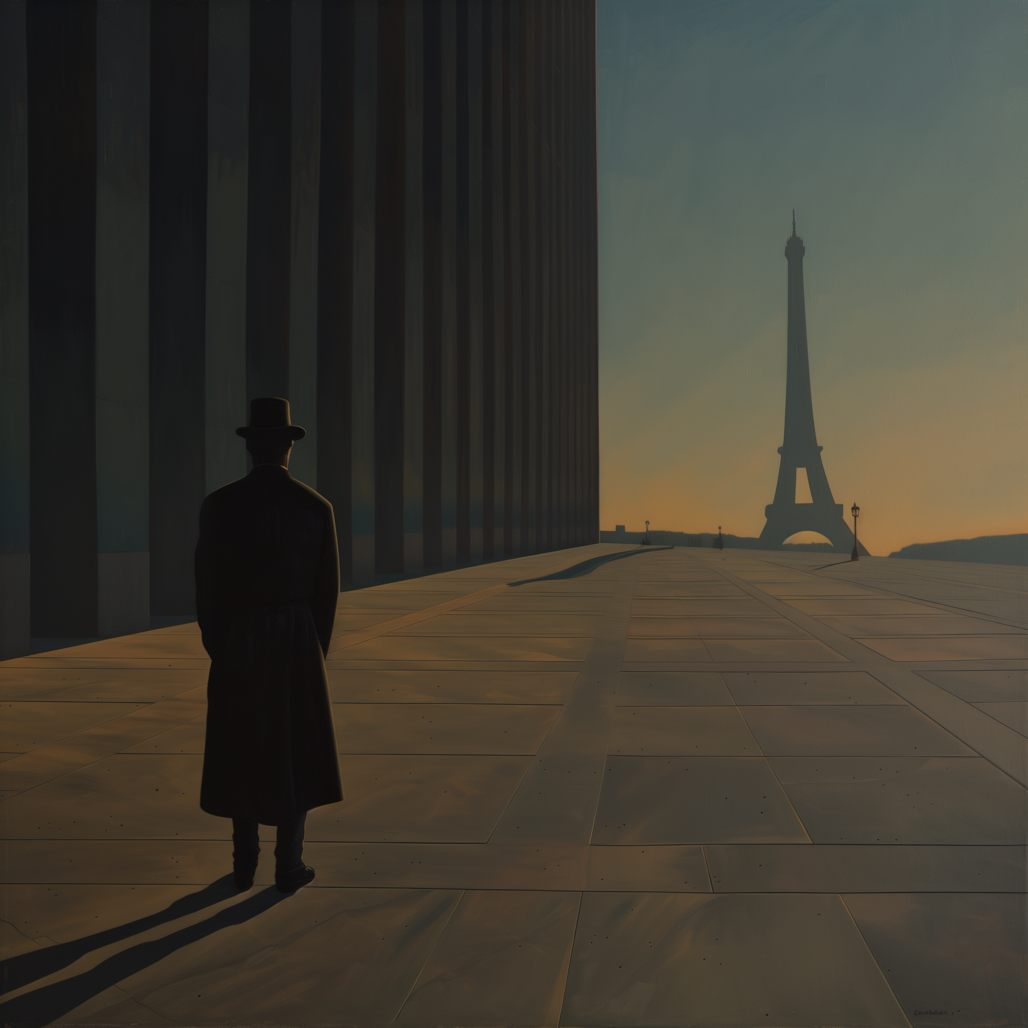 Figure in black coat on a vast plaza at dusk, Eiffel Tower in the distance; deep building shadow and long, receding perspective.